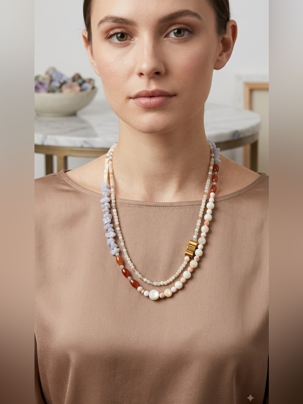 Vintage Handcrafted Multi-Strand Beaded Necklace - Gemstone & Shell 🐚 22in long